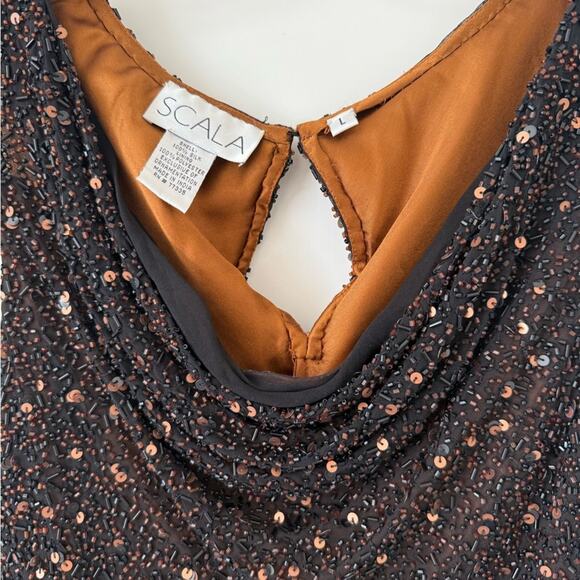Scala Black Brown Top Sz. Lg Beaded 100% Silk Lining Y2K Evening Boho - Picture 5 of 5